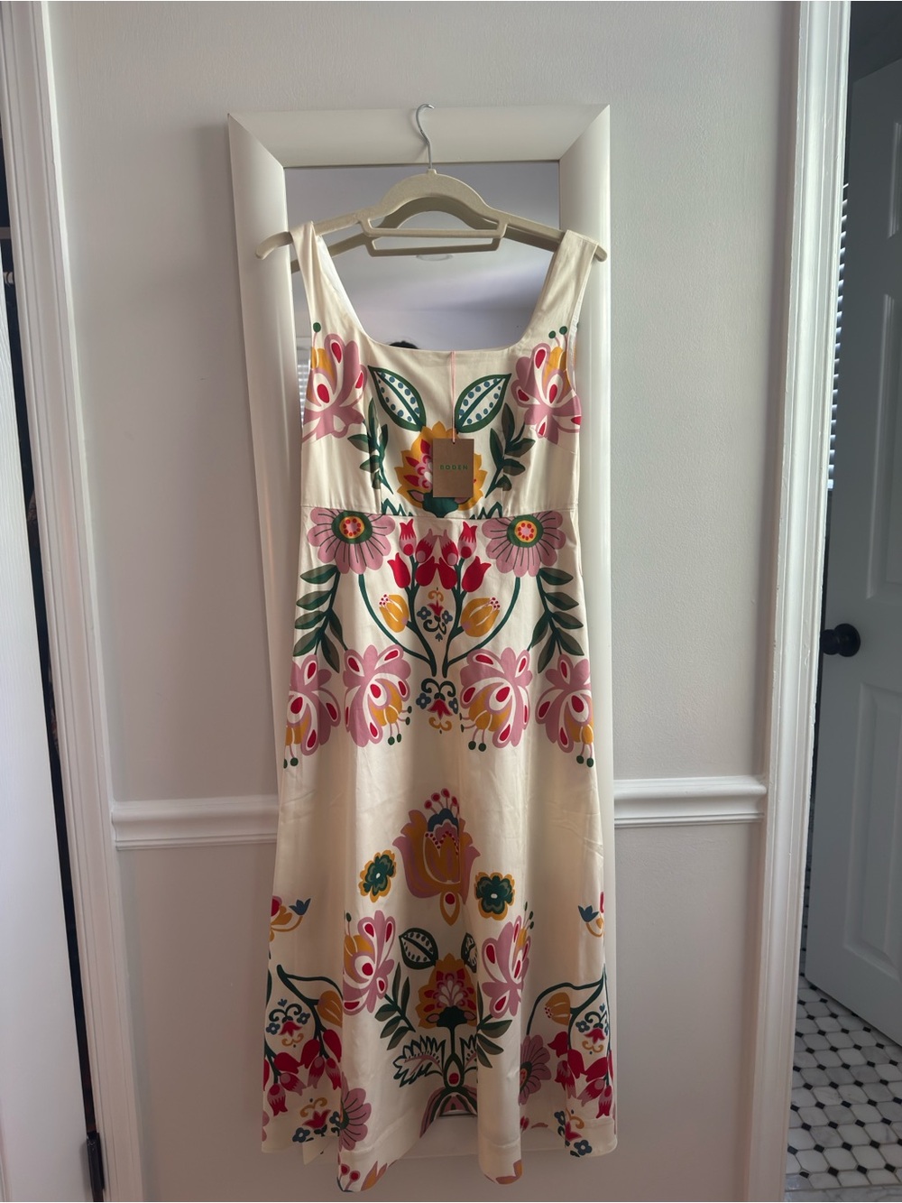 Boden Cream Midi Dress with Pink, Green & Yellow Floral Embroidery